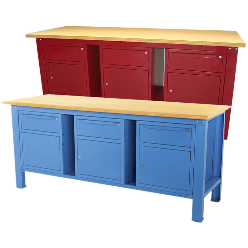 Image of Sogi - Banco da lavoro 2 metri con piano in legno + 3 armadi con anta e cassetto - blu/rosso, ColoreRosso