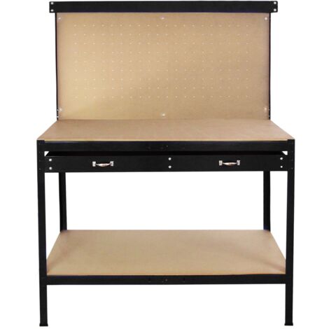 Banco da Lavoro a 3 Livelli con Piano da 120x60cm Ultra Resistente e Pannello Parete Forata Porta Attrezzi Utensili e 40 Ganci universali GRATIS + 2 Mensole e Cassetto - Nero