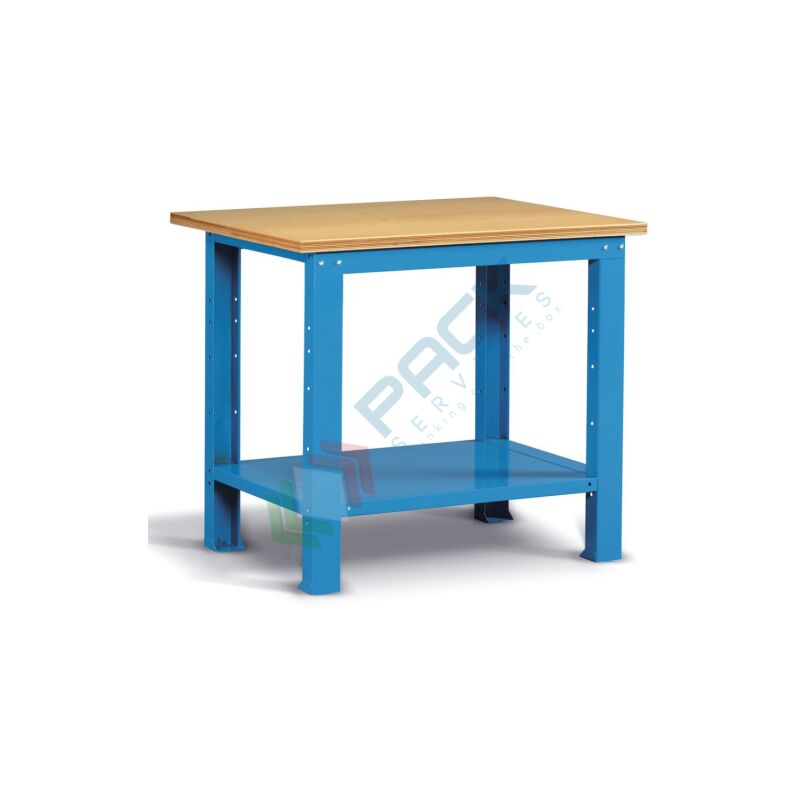 Image of Banco da lavoro con piano in legno, 100 cm, gambe fisse - Blu
