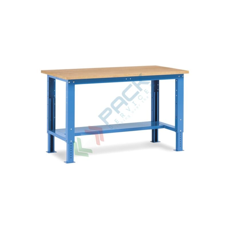 Image of Banco da lavoro con piano in legno, 150 cm, gambe regolabili - Blu