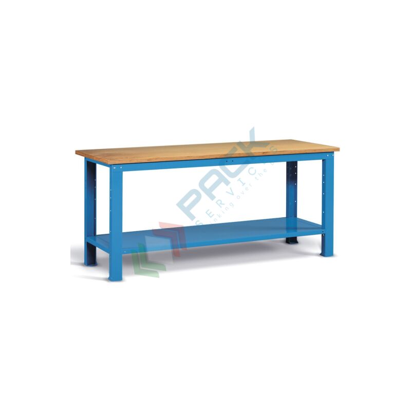 Image of Pack Services - Banco da lavoro con piano in legno, 150 cm, gambe fisse - Blu