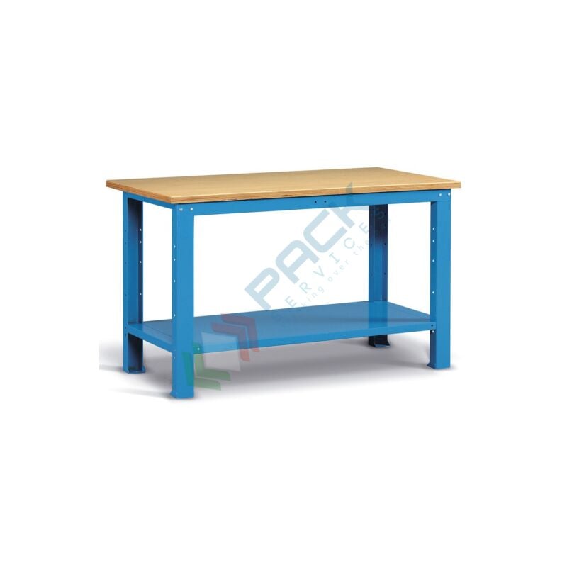Image of Banco da lavoro con piano in legno, 200 cm, gambe fisse - Blu