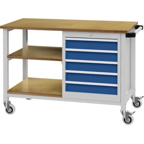 Banco da lavoro L1200xP540xH880mm multistrato faggio grigio chiaro / azzurro segnale 5 cassetti.