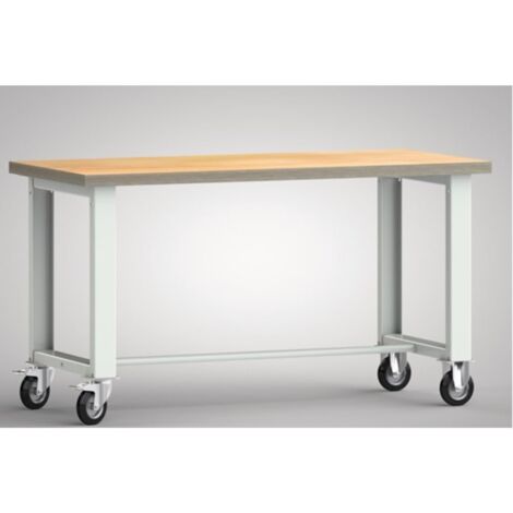 Banco da lavoro L1500xP700xH840mm multiplex di faggio grigio chiaro ruote fisse e girevoli, VG P125mm