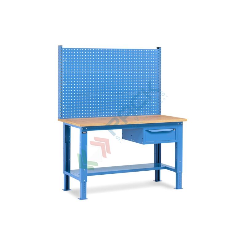 Image of Pack Services - Banco da lavoro con piano in legno, 1 cassetto e parete, 150 cm - Blu