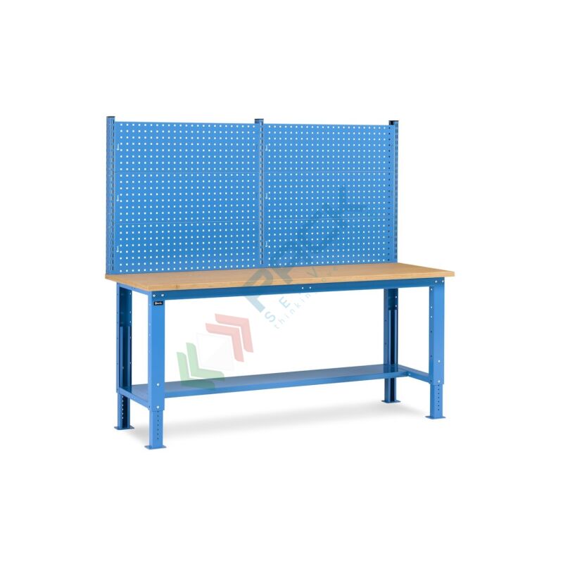Image of Pack Services - Banco da lavoro con piano in legno e parete, 200 cm, gambe regolabili - Blu
