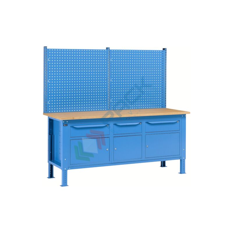 Image of Banco da lavoro con piano in legno, parete, 3 armadi con porta e cassetto, 200 cm - Blu