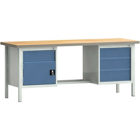 Banco da lavoro PW 700 L. 2000xP700xH840 mm faggio Multiplex grigio chiaro, RAL 7035 blu lucido, RAL 5007 4 cassetti 1 anta