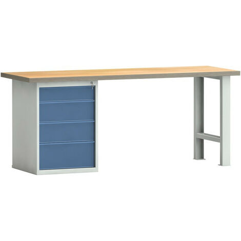Banco da lavoro PW 700 l.2000xP700xH840 mm faggio Multiplex grigio chiaro, RAL 7035 blu lucido, RAL 5007 4 cassetti
