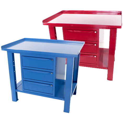 Banco da lavoro SOGI 1 metro con piano in acciaio portata 1000 kg + armadio a 3 cassetti - blu/rosso, ColoreRosso
