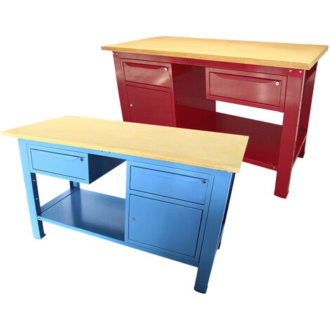 Banco da lavoro SOGI 1,5 m piano in legno + armadio con anta e cassetto + 1 cassetto - blu/rosso, ColoreBlu