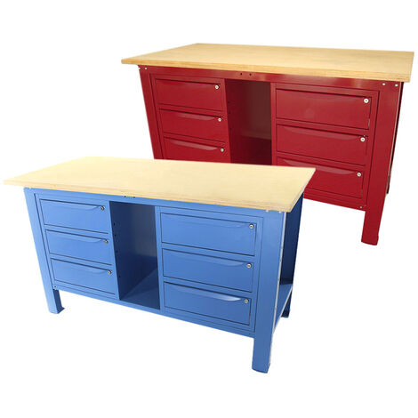 Banco da lavoro SOGI 1,5 metri con piano in legno + 2 armadi a 3 cassetti - blu/rosso, ColoreRosso