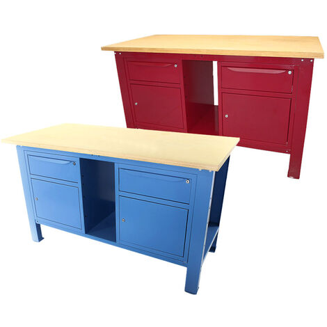 Banco da lavoro SOGI 1,5 metri con piano in legno + 2 armadi con anta e cassetto - blu/rosso, ColoreBlu