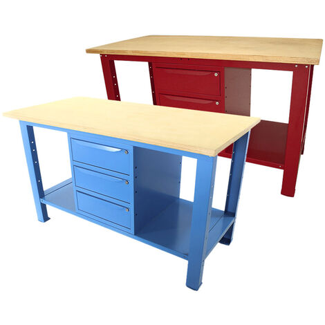 Banco da lavoro SOGI 1,5 metri con piano in legno + armadio a 3 cassetti - blu/rosso, ColoreRosso