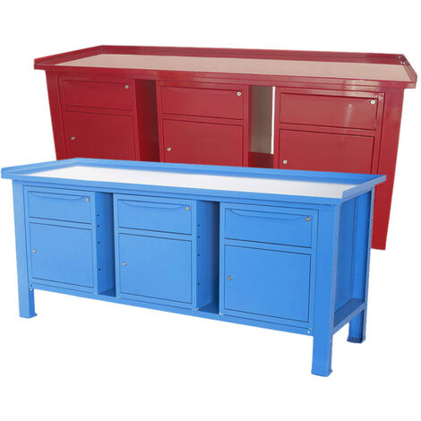 Banco da lavoro SOGI 2 metri con piano in acciaio + 3 armadi con anta e cassetto - blu/rosso, ColoreBlu