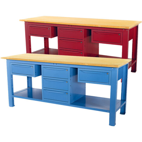 Banco da lavoro SOGI 2 metri con piano in legno + armadio a 3 cassetti + 2 cassetti - blu/rosso, ColoreBlu