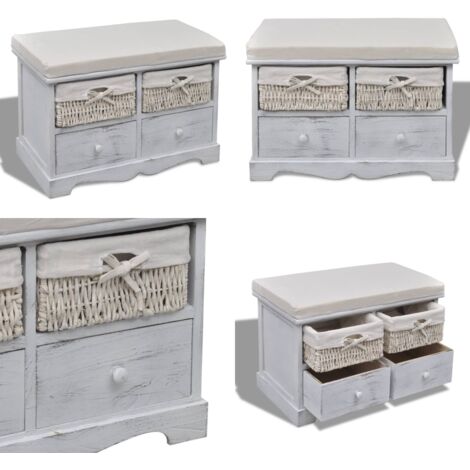 Banco de almacenaje de madera de Paulownia blanco 62x33x42 cm - Banco de madera - Banco de almacenamiento de madera