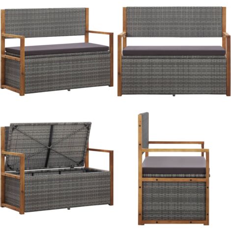 Banco de almacenaje ratán sintético madera acacia gris 115 cm - Ratán sintético - Madera acacia