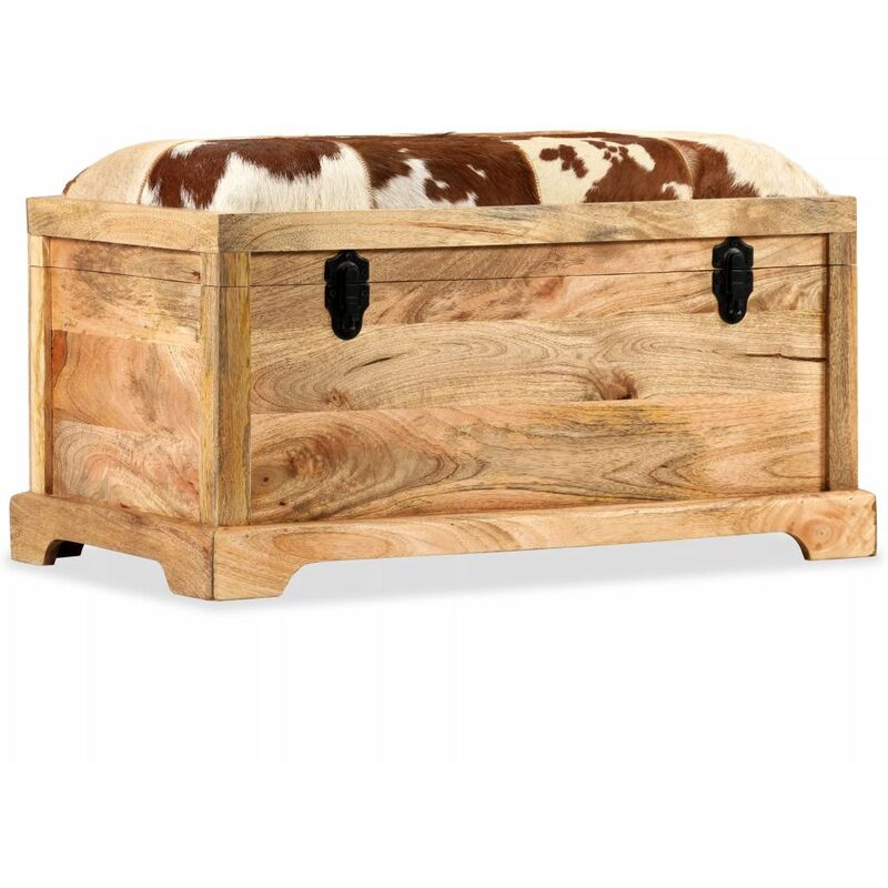 

Banco de almacenamiento madera maciza y cuero real 80x44x44 cm