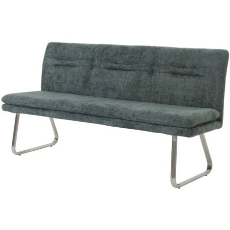 Banco de comedor tapizado con respaldo en tejido chenilla azul verdoso y acero inoxidable largo 180 cm 040005845