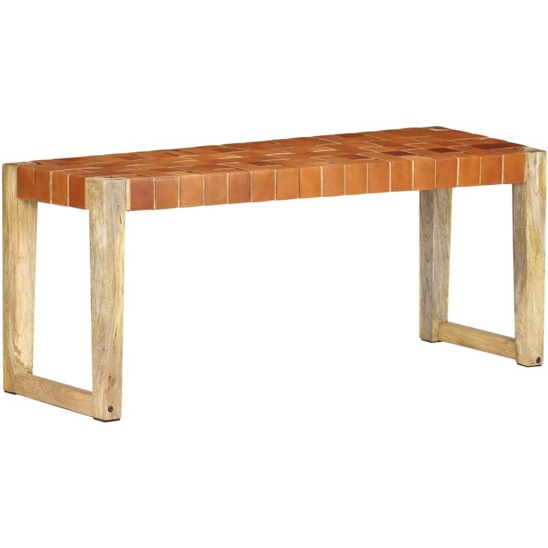 

Banco de cuero auténtico marrón y madera de mango maciza 110 cm
