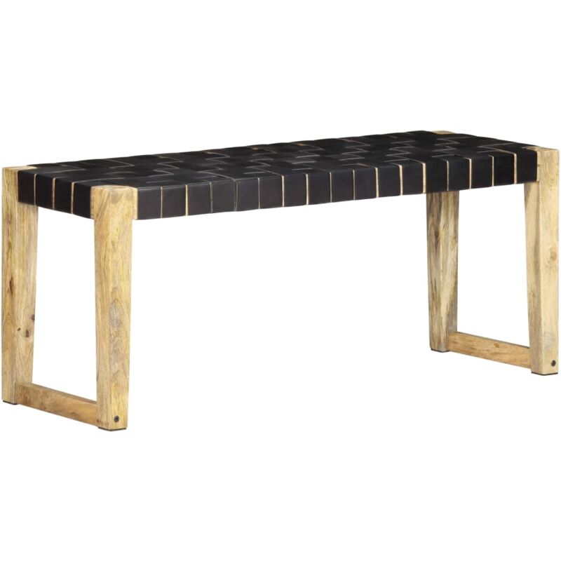 

vidaXL Madera de Mango Maciza Banco de Cuero Auténtico 110 cm Negro - Negro