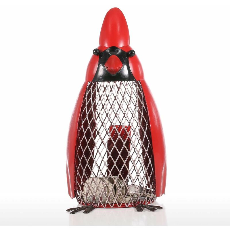 

Tooarts - Banco de dinero de pajaro con ropa roja de hierro hecho a mano con forma de pajaro banco de monedas artesania practica decoracion del hogar
