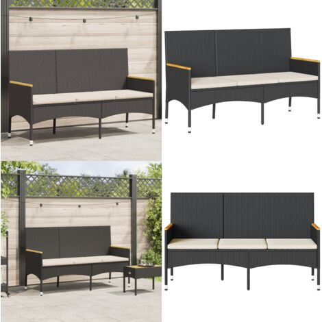 Banco de jardín 3 plazas con cojines ratán sintético negro - Banco de 3 plazas - Muebles de jardín