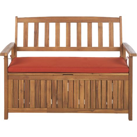 Banco de jardín con almacenaje de madera maciza de acacia 2 plazas 120 cm color claro cojín rojo Sovana