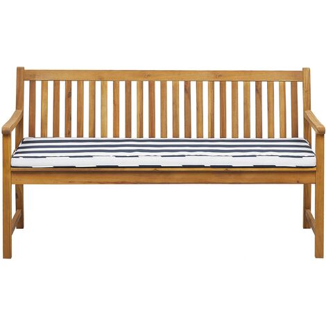 Banco de jardín de madera de acacia clara 160 cm listones cojín azul/blanco para exterior estilo rústico Vivara