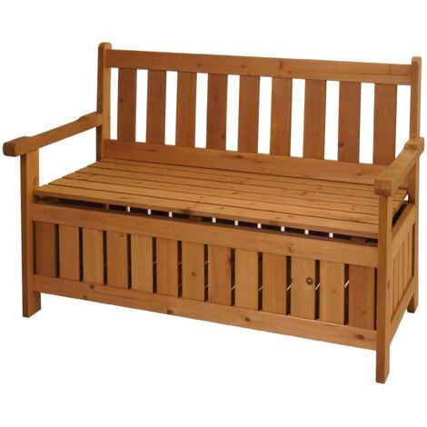 Banco de jardín HHG-487 con almacenaje, banco arcón asiento almacenaje, exterior madera abeto MVG 114cm, marrón
