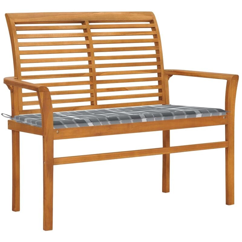 

Banco de jardín madera de teca con cojín a cuadros gris 112 cm