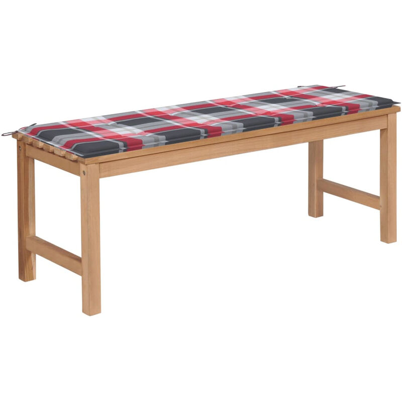 

Banco de jardin madera de teca con cojin a cuadros rojo 120 cm