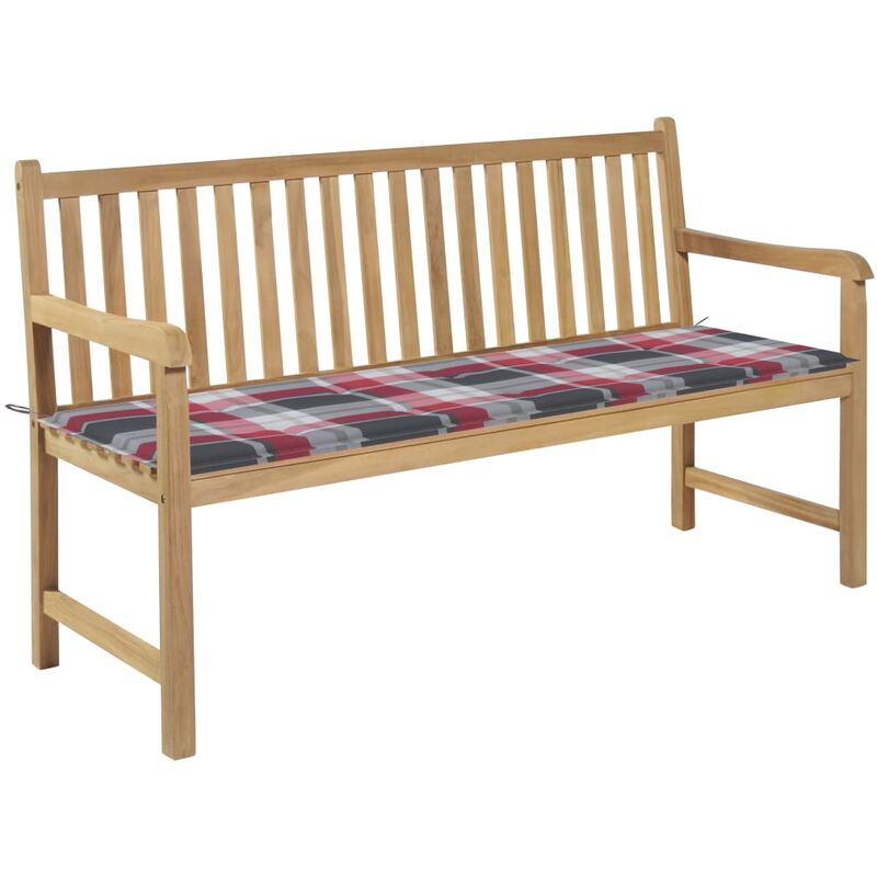 

Banco de jardín madera de teca con cojín a cuadros rojo 150 cm