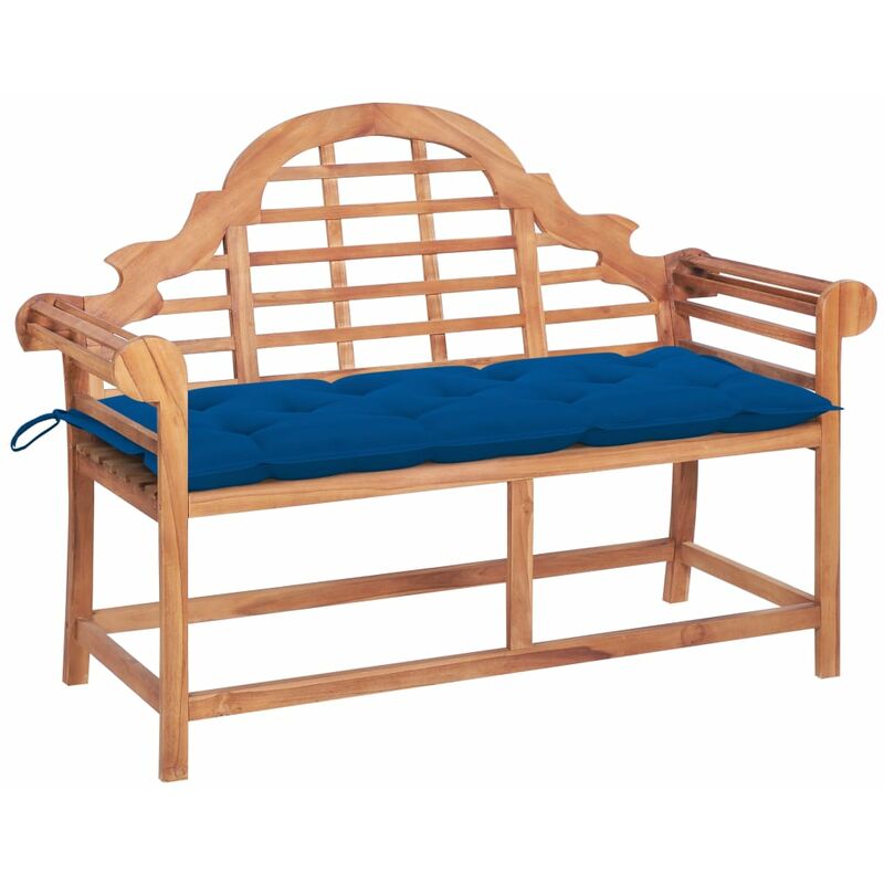 

Banco de jardín madera maciza de teca con cojín azul 120 cm