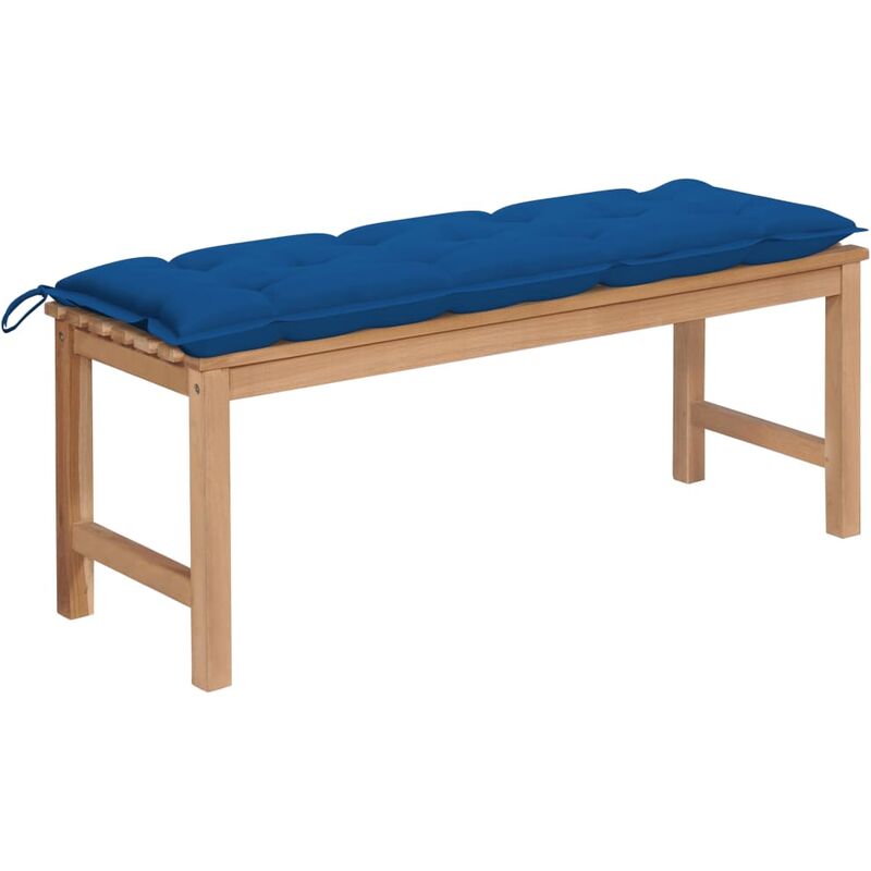 

Banco de jardín madera maciza de teca con cojín azul 120 cm