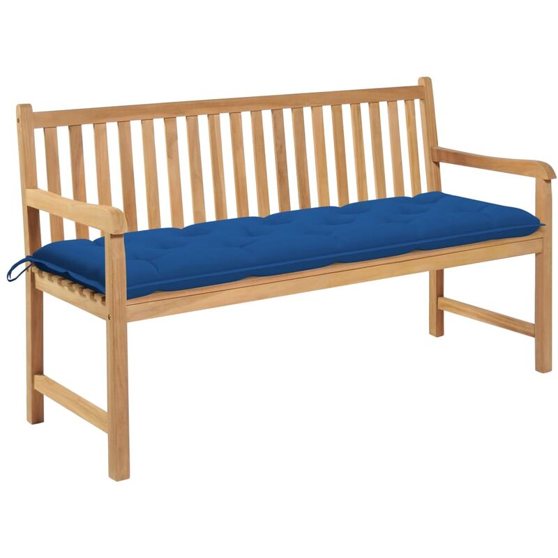 

Banco de jardín madera maciza de teca con cojín azul 150 cm