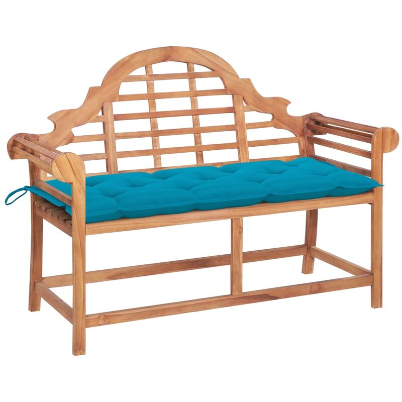 

Banco de jardín madera maciza teca con cojín azul claro 120 cm