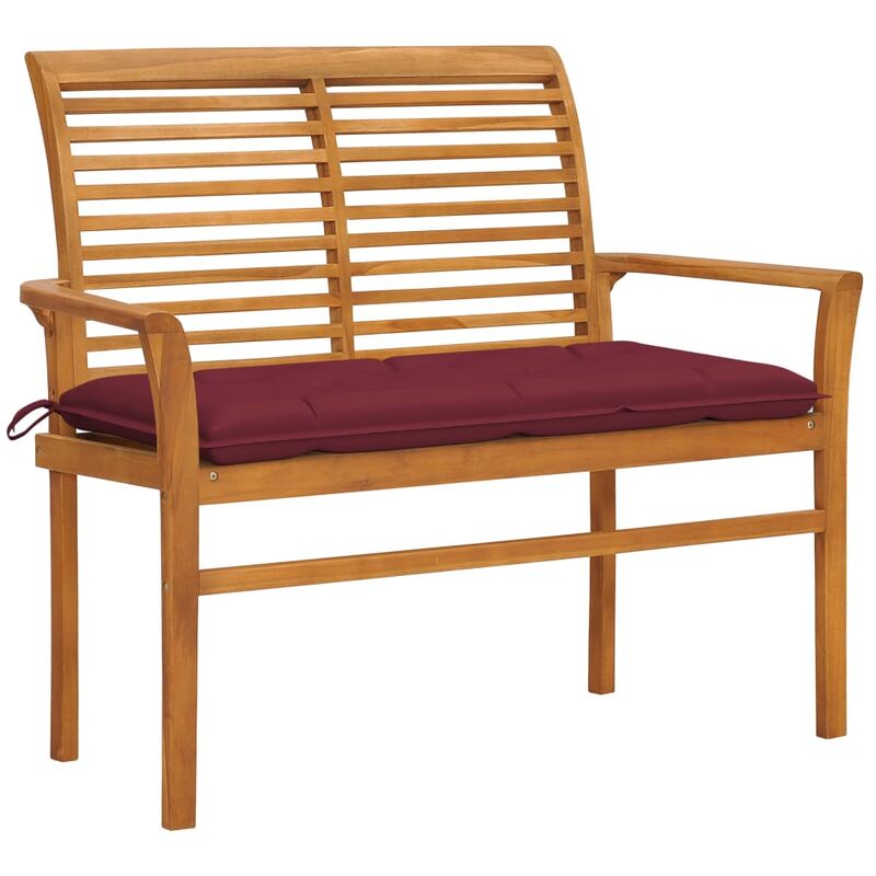 

Banco de jardín madera maciza teca con cojín rojo tinto 112 cm
