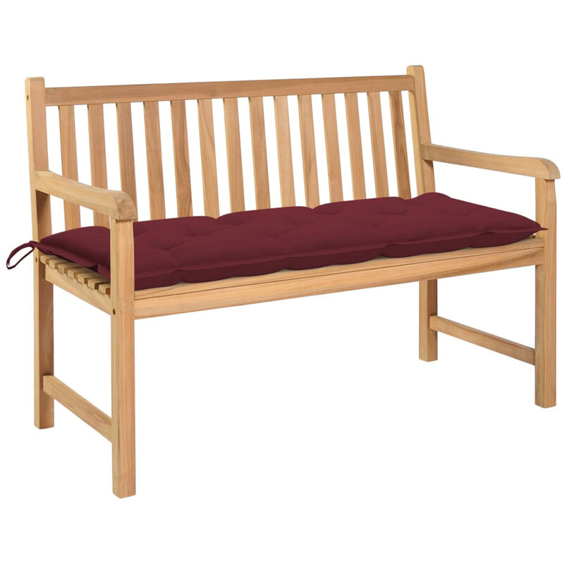 

Banco de jardin madera maciza teca con cojin rojo tinto 120 cm