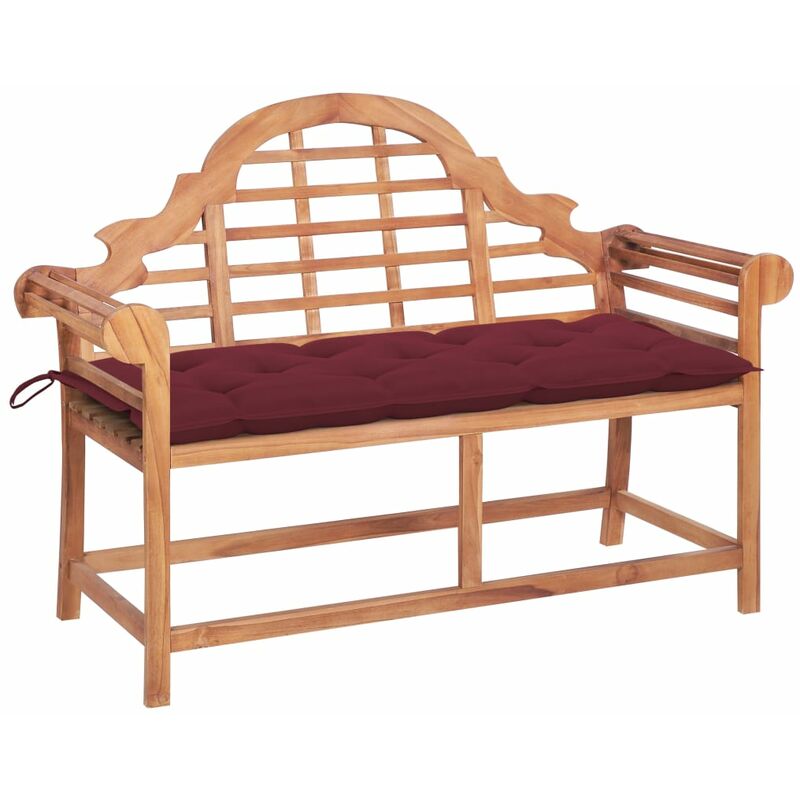 

Banco de jardín madera maciza teca con cojín rojo tinto 120 cm