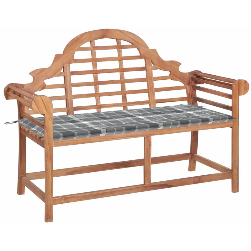 

Banco de jardín madera maciza teca y cojín a cuadros gris 120cm