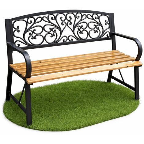 Banco de jardín NERINA Negro con madera lacada y patas de hierro fundido, 118 cm de ancho