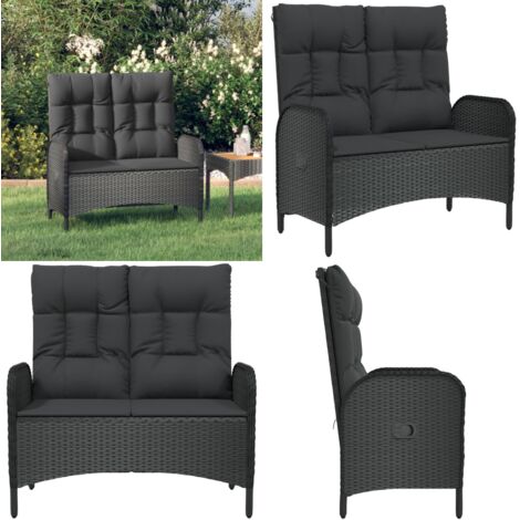 Banco de jardín reclinable con cojines ratán PE negro 107 cm - Banco exterior - Banco de jardín negro