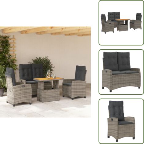 Banco de jardín - vidaXL Juego de comedor de jardín 4 piezas con cojines ratán PE gris - Mesa de jardín elevable