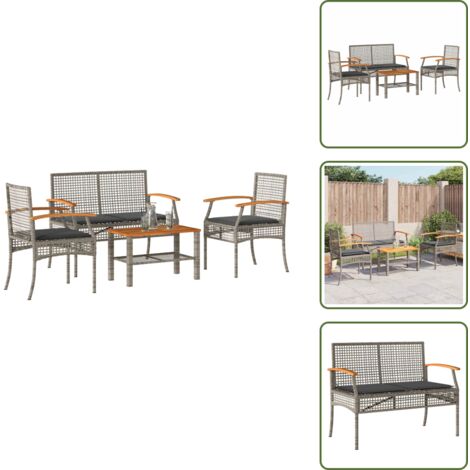 Banco de jardín - vidaXL Set de muebles de jardín 4 pzas y cojines ratán sintético gris - Mesa de jardín