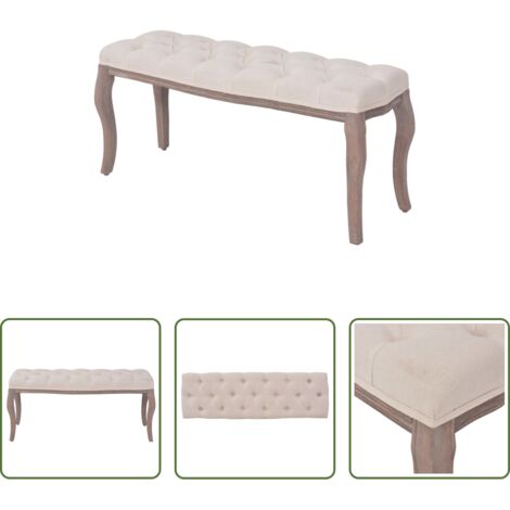 Banco de lino -  Banco de madera maciza y lino blanco crema 110x38x48 cm