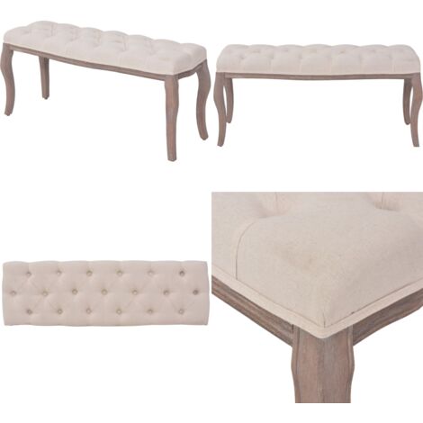 Banco de madera maciza y lino blanco crema 110x38x48 cm - Banco de lino - Banco antiguo