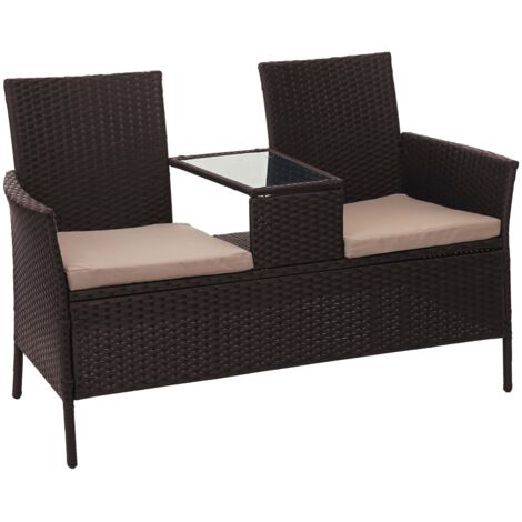 Banco de poliratán con mesa sillones sillas de jardín 132 cm cojín crema marrón 040001138