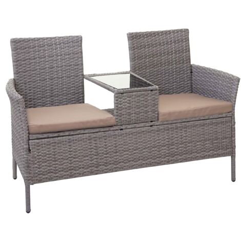 Banco de poliratán con mesa sillones sillas de jardín 132 cm cojín gris crema 040001140